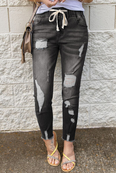 Drawstring Distressed Raw Hem Jeans with Pockets