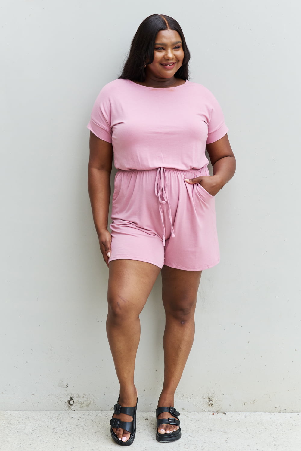 Zenana Chilled Out Short Sleeve Romper in Light Carnation Pink