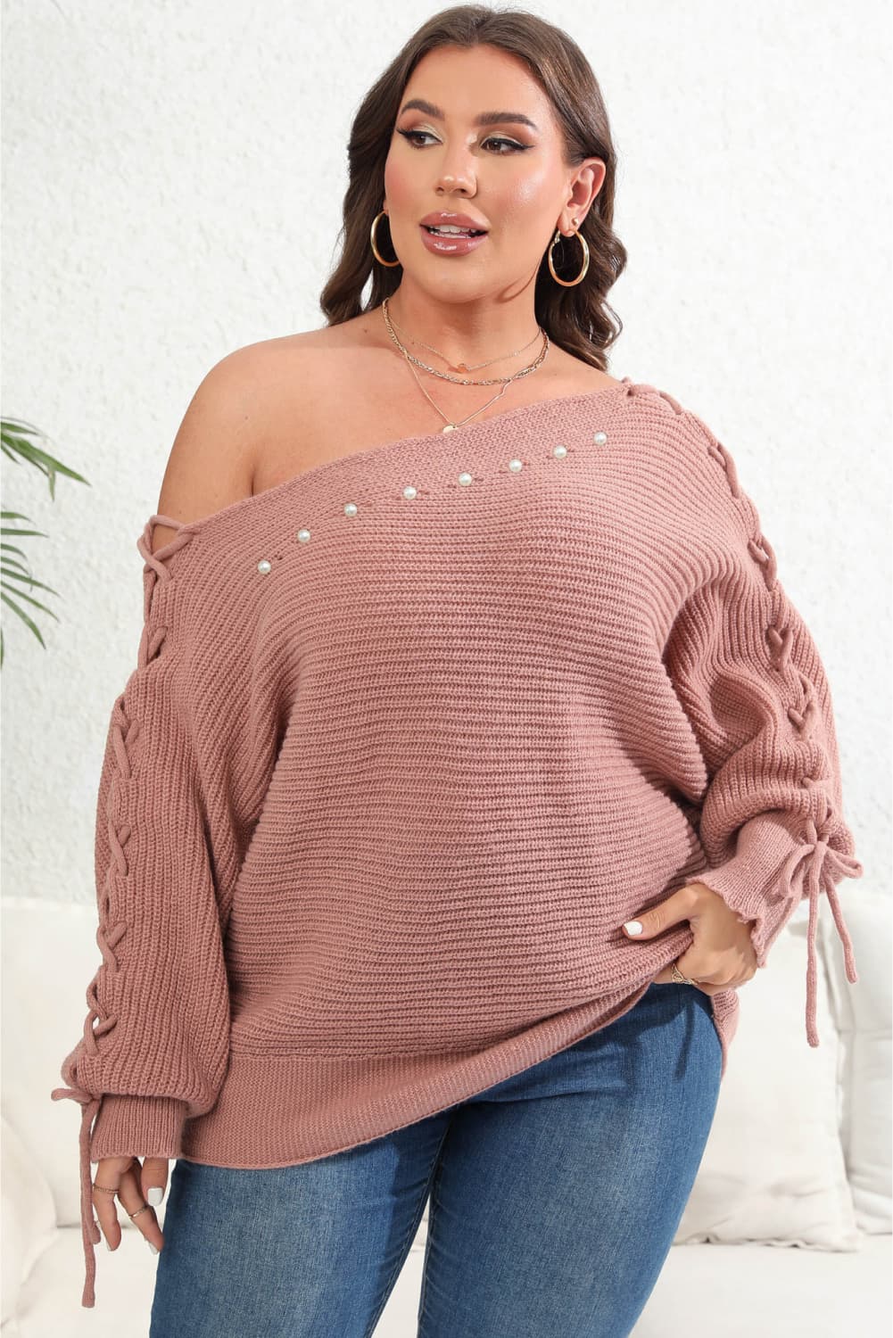 Plus Size One Shoulder Beaded Sweater