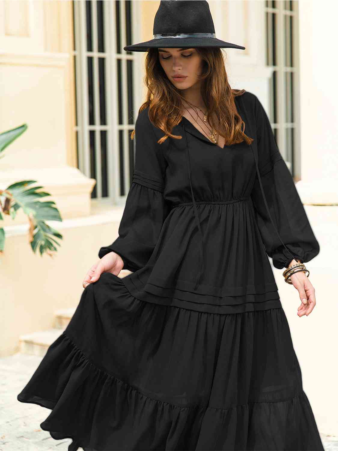 Tie Neck Long Sleeve Midi Tiered Dress