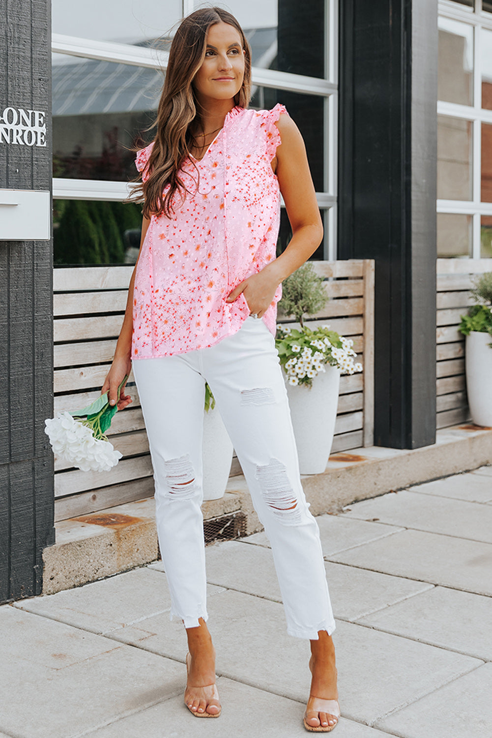Floral Tie Neck Ruffled Sleeveless Top